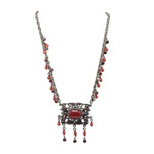 Vintage BOHO Silver Tone Filigree Necklace With Red Gemstone Dangling Beads